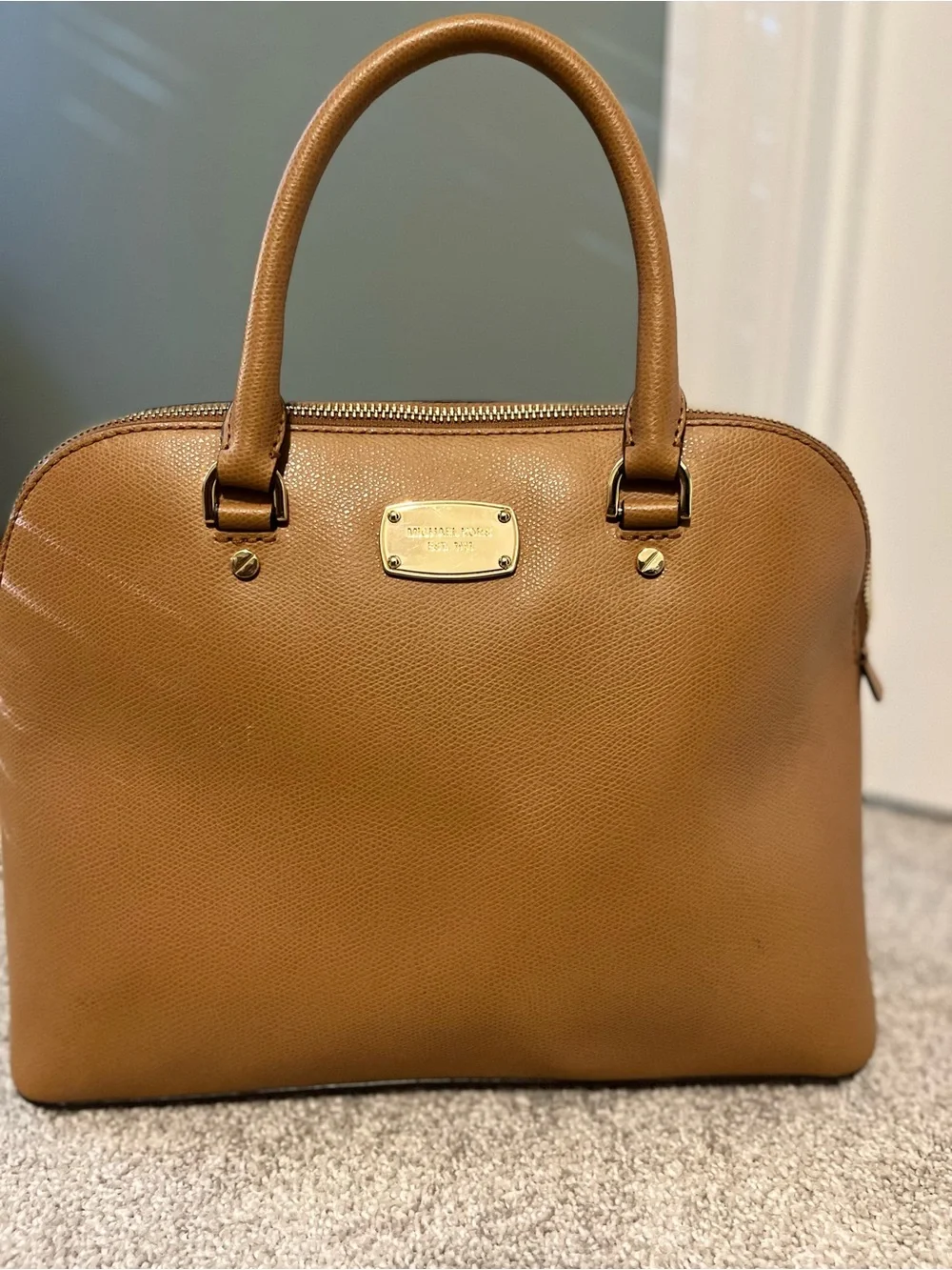Michael Kors Cognac Pebbled Leather Dome Satchel with Gold Plaque